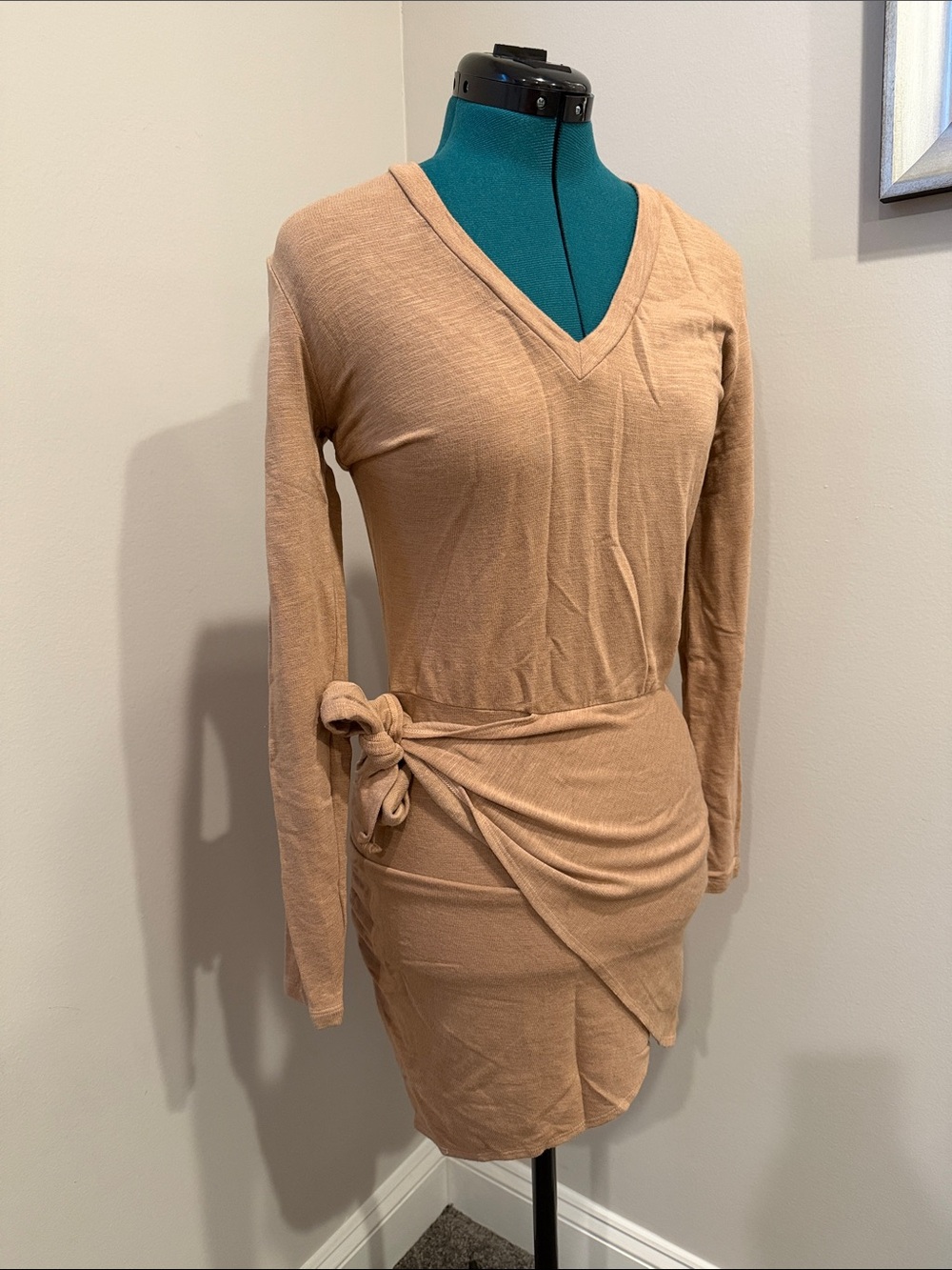 Monrow Long Sleeve V-Neck Sweater Dress in Camel